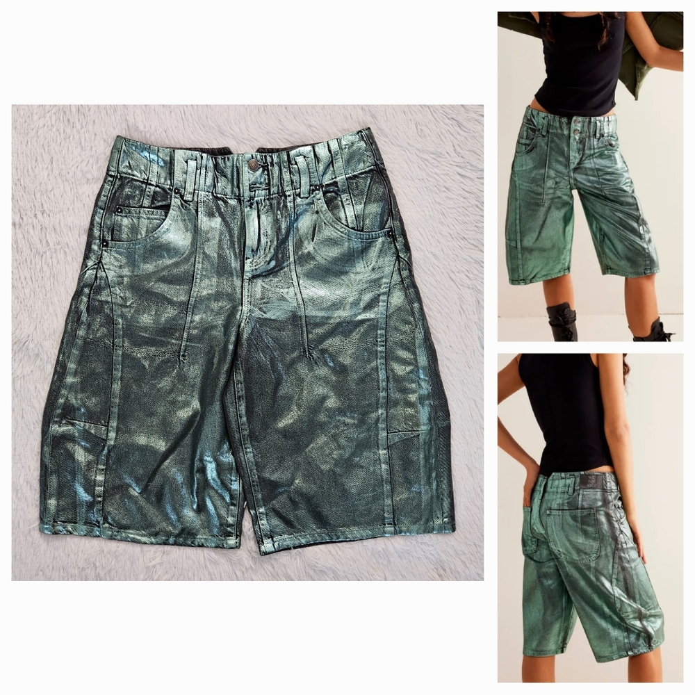 Free People Metallic Teal Green Bermuda Shorts
